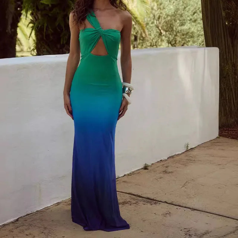 Blue-green gradient halter dress | Slim backless sleeveless hip dress