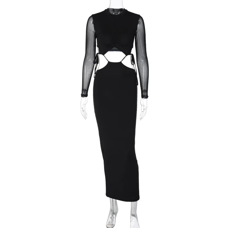 Hollow Out Black Maxi Dress for Autumn - Women's Streetwear - Image 5