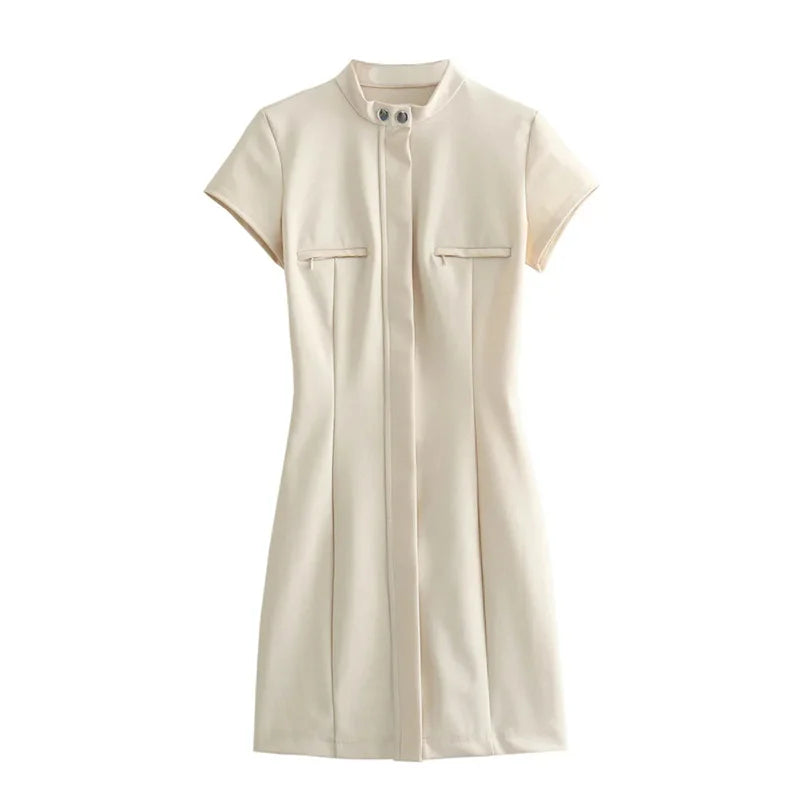 Solid Stand Collar Short Sleeve Slim Mini Dress for Women - Image 8