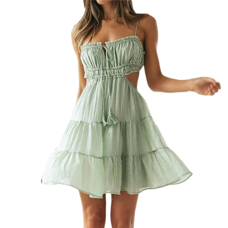 Sexy Sleeveless Boho Dress with Hollow Out Pleats - Image 2