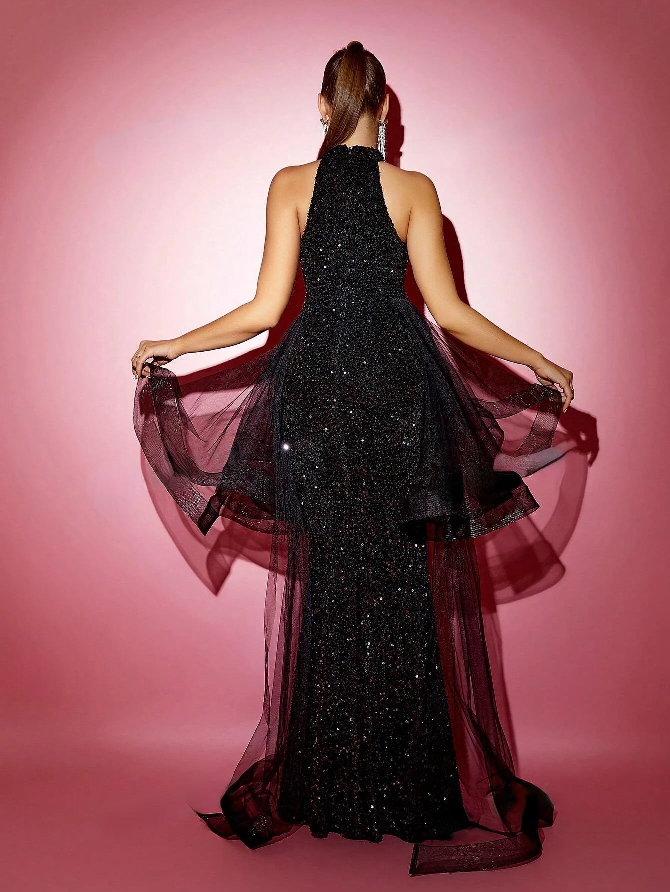 Black Glitter Mesh Mermaid Evening Maxi Dress for Women - Image 3