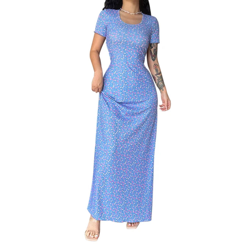Floral Print Short Sleeve U-Neck A-Line Swing Dress