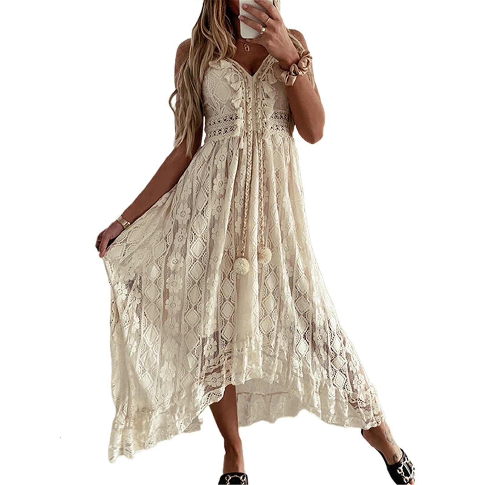 Women's Lace Hem Deep V-Neck Sleeveless Beach Dress - Image 3