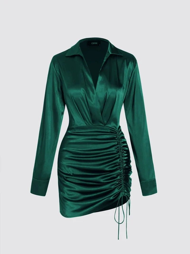 Women's Deep V-Neck Drawstring Satin Bodycon Mini Dress
