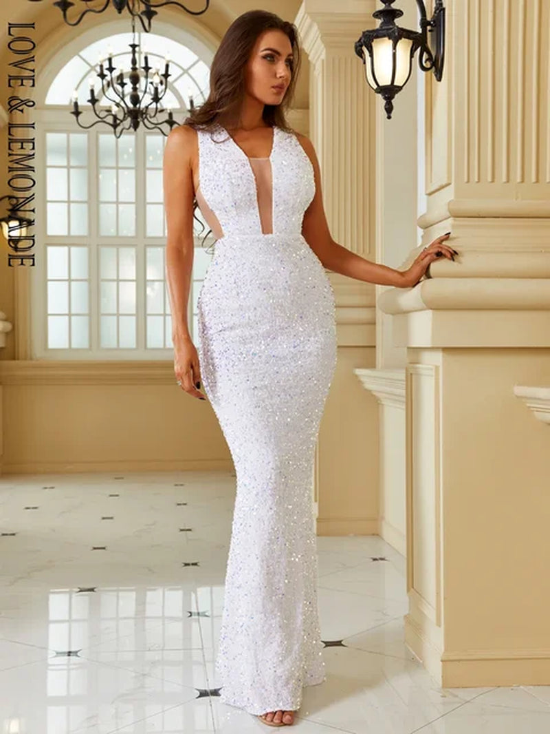 White deep V-neck sleeveless sequin party dress wholesale
