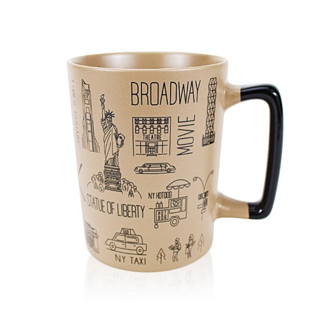 15oz Tan Icons of New York Tall Mug | New York City Souvenir | NYC Souvenir Travel Gift