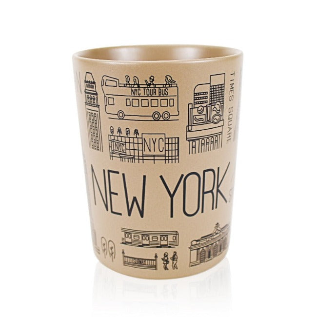 15oz Tan Icons of New York Tall Mug | New York City Souvenir | NYC Souvenir Travel Gift