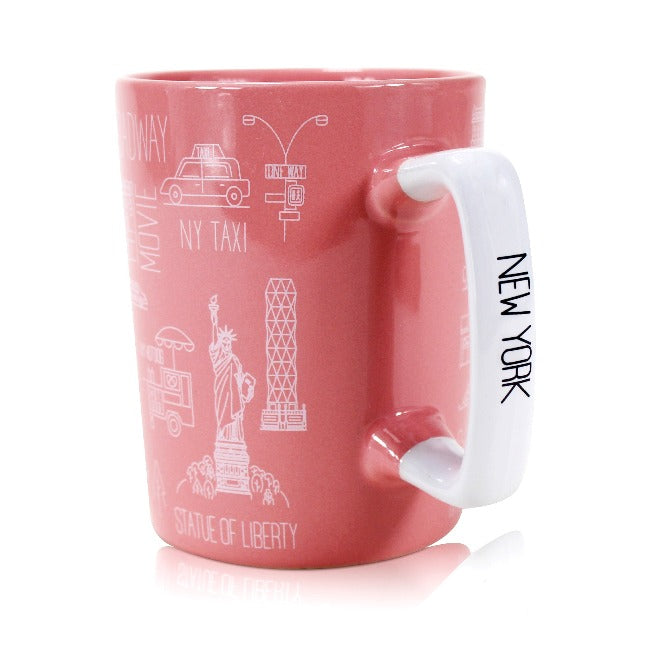 15oz Pink Icons of New York Tall Mug | New York City Souvenir | NYC Souvenir Travel Gift