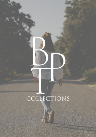 BPT Collection logo over a photo of the shop owner, Kaitlyn, walking in the sunset