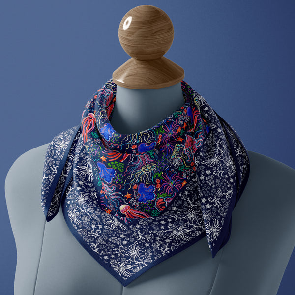Silk scarf made in USA with marine organisms by Darya Karenski