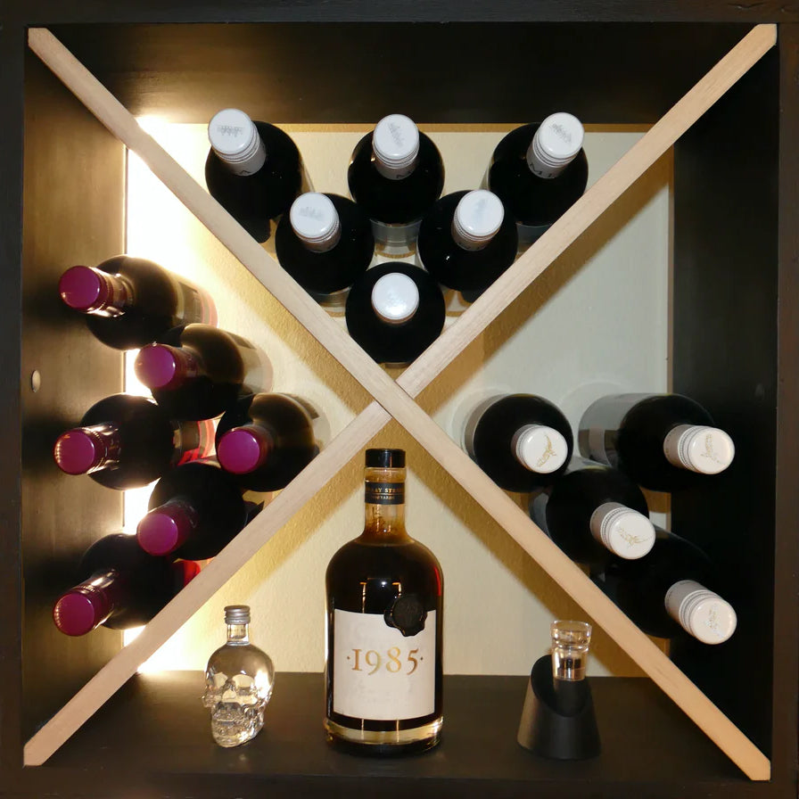 A cube wine rack displaying bottles