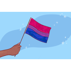an illustrated hand holding a bisexual pride flag (pink, purple, and blue)