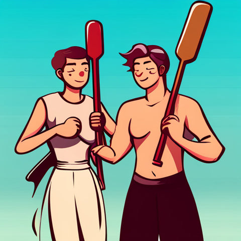 full bodies of two comic book style gender queer people standing across from each other smiling each holding a wooden paddle up in the air against a blue background