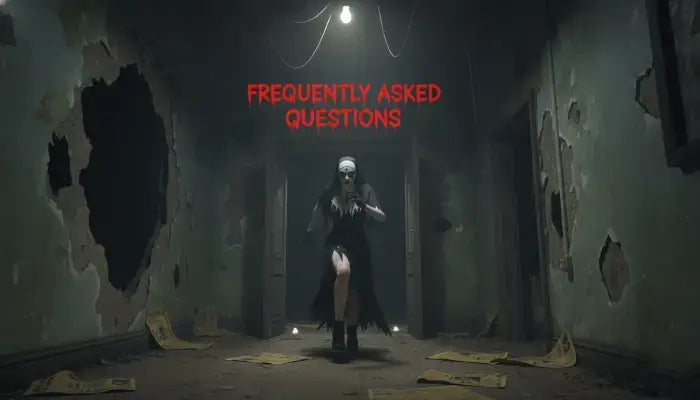 Dark, eerie room with a ghostly figure and text 'Frequently Asked Questions' in red.