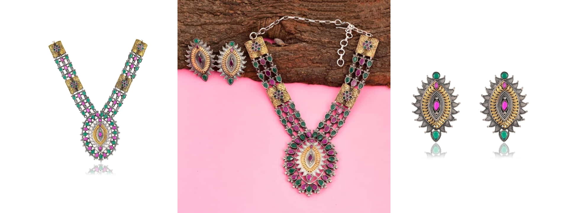 Dual Tone Long Necklace Set-Multicolor | Viraasi