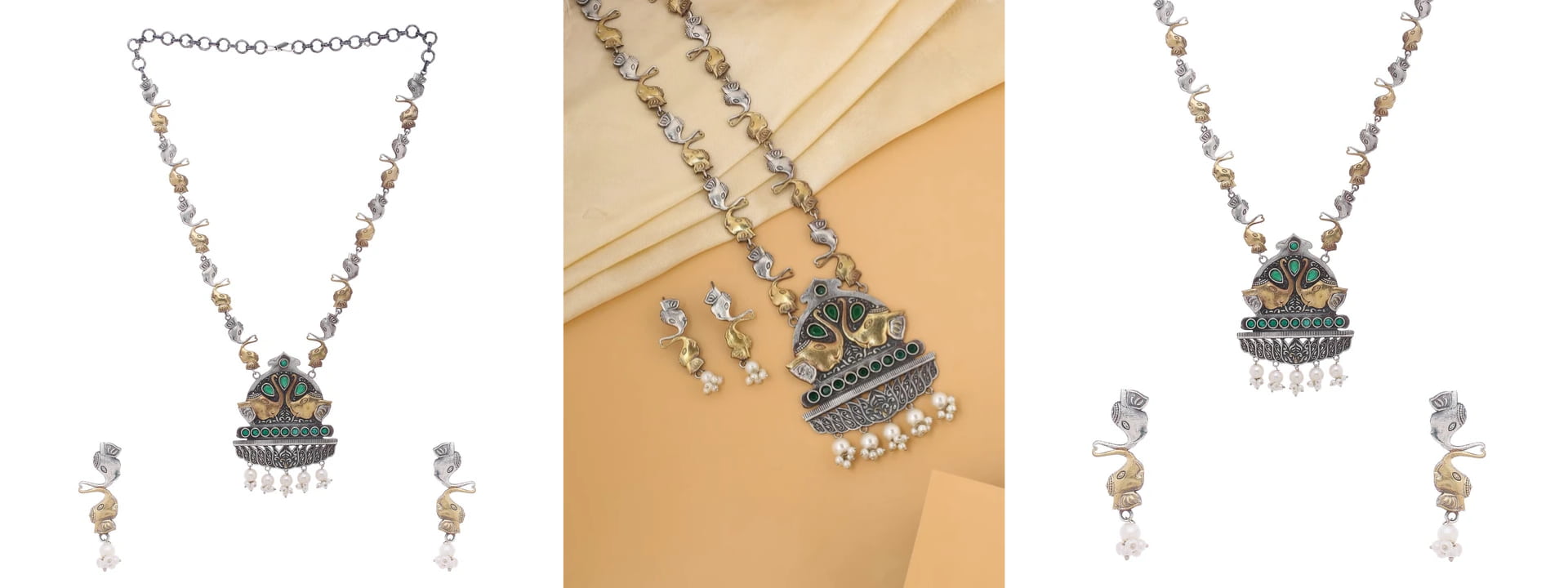 Elephant Shape Dual Tone Long Necklace Set-Green-Viraasi