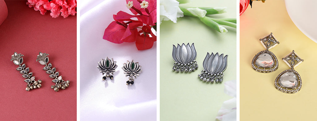 Oxidised Stylish Lotus Design Dangler Earrings