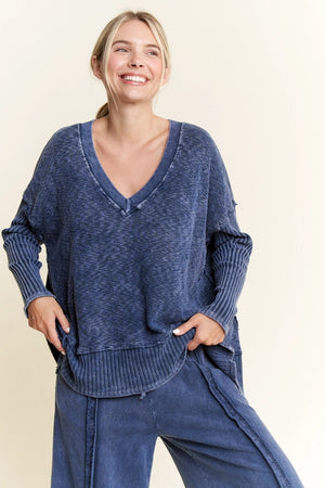 Mineralwash Deep Vneck Melange Sweater Top - The Outdoor Store Shop