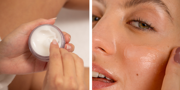 combinação de duas imagens: a primeira, à esquerda, mostra um creme facial aberto de cima com mãos manuseando o produto. A segunda imagem, à direita, mostra de perto o rosto de uma mulher branca aplicando uma pequena quantidade do produto em seu rosto.