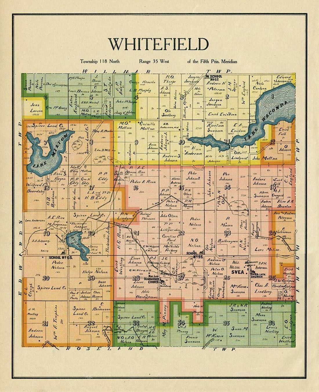 Whitefield Township Rare Antique 1905 Map Kandiyohi County Minnesota G Archives Of History Llc 5289