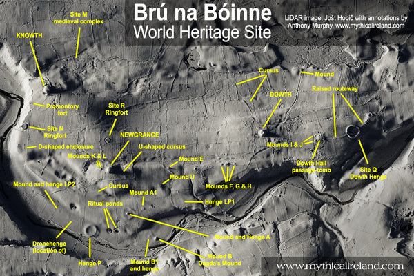 Annotated top-down LiDAR image of Brú na Bóinne monuments