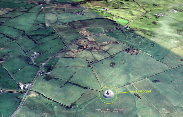 A Google Earth image of Carrowmore showing a reconstructed Tomb 51