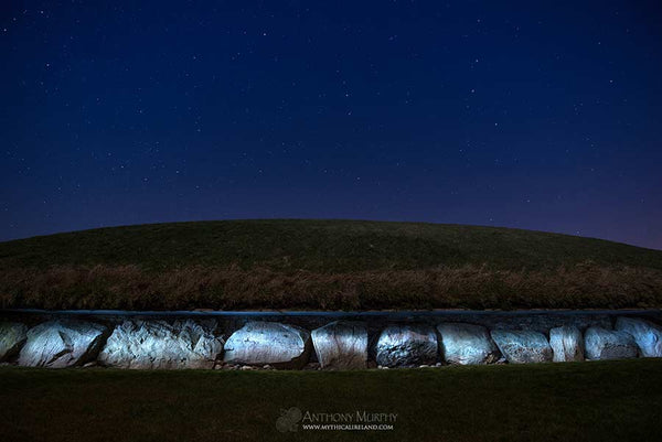 Knowth kerb stones illuminated at night
