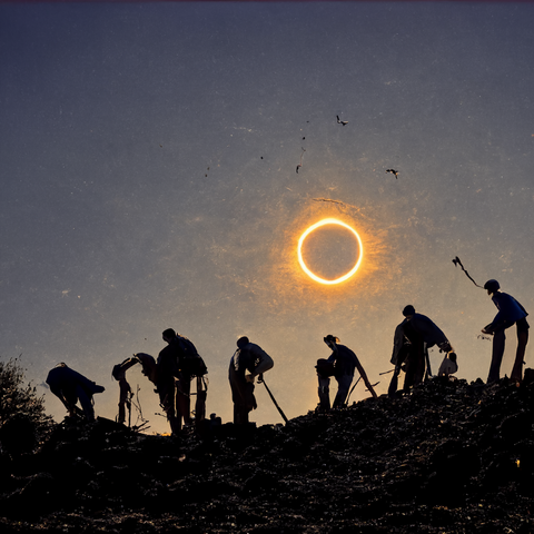 The men of Erin building Dowth under a total solar eclipse