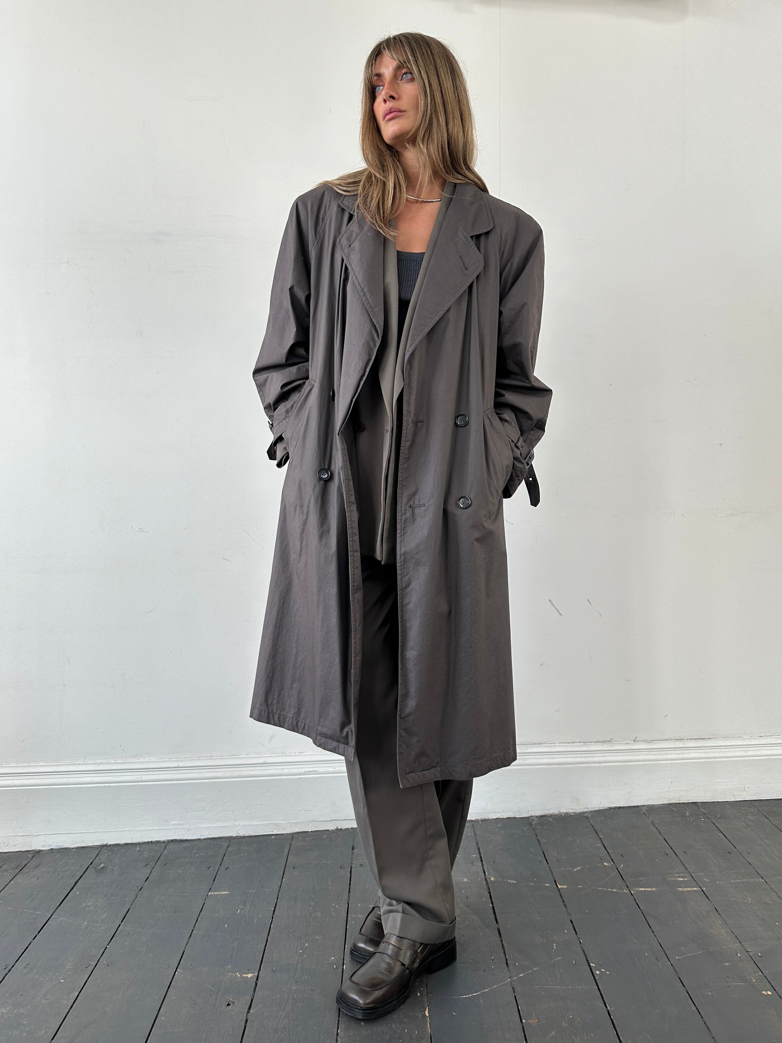 image of Vintage Double Breasted Unlined Belted Trench Coat - L