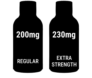 200 mg caffeine for regular strenght and 230 mg caffeine for extra strength