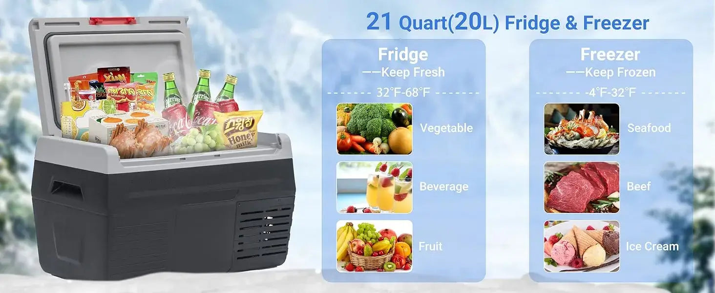Equipped with a powerful compressor and advanced cooling technology, the SMAD 20QT Car Refrigerator maintains temperatures ranging from -4℉ to 68℉ (-20°C to 20°C), ensuring that your food and drinks remain at the ideal temperature for optimal freshness and taste. Whether you're storing fresh produce, dairy products, or prepared meals, you can rest assured that everything will stay safe and delicious throughout your journey.