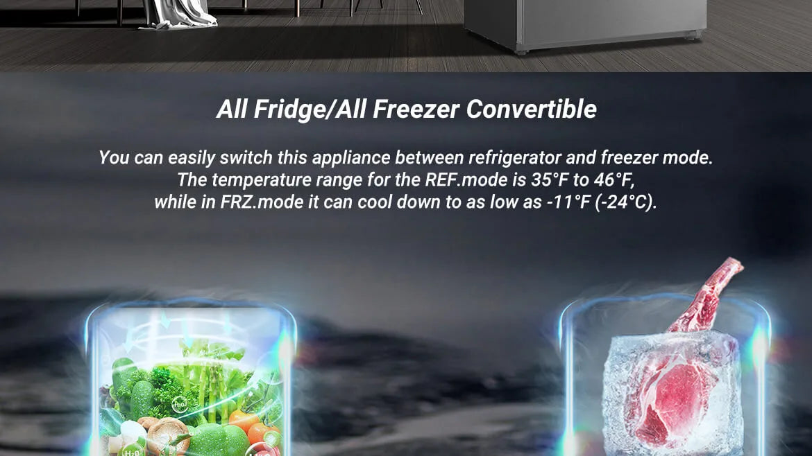 All Fridge/All Freezer Convertible You can easily switch this appliance between refrigerator and freezer mode. The temperature range for the REF.mode is 35°F to 46°F, while in FRZ.mode it can cool down to as low as -11°F (-24°C).
