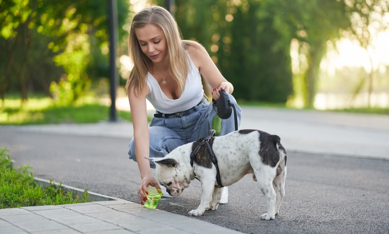 a young woman feeding a dog water