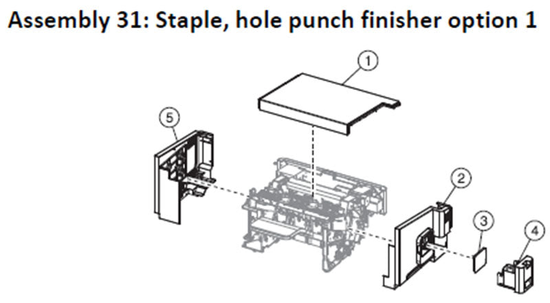 Lexmark MS710, MS711, MS810, MS811, MS812, MS817 staple hole punch finisher parts, drawing 1