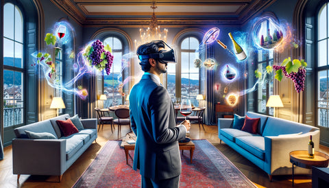 Mit KI erstelltes Bild. Person mit VR-Brille in virtueller Realität mit Weinthemen im Wohnzimmer