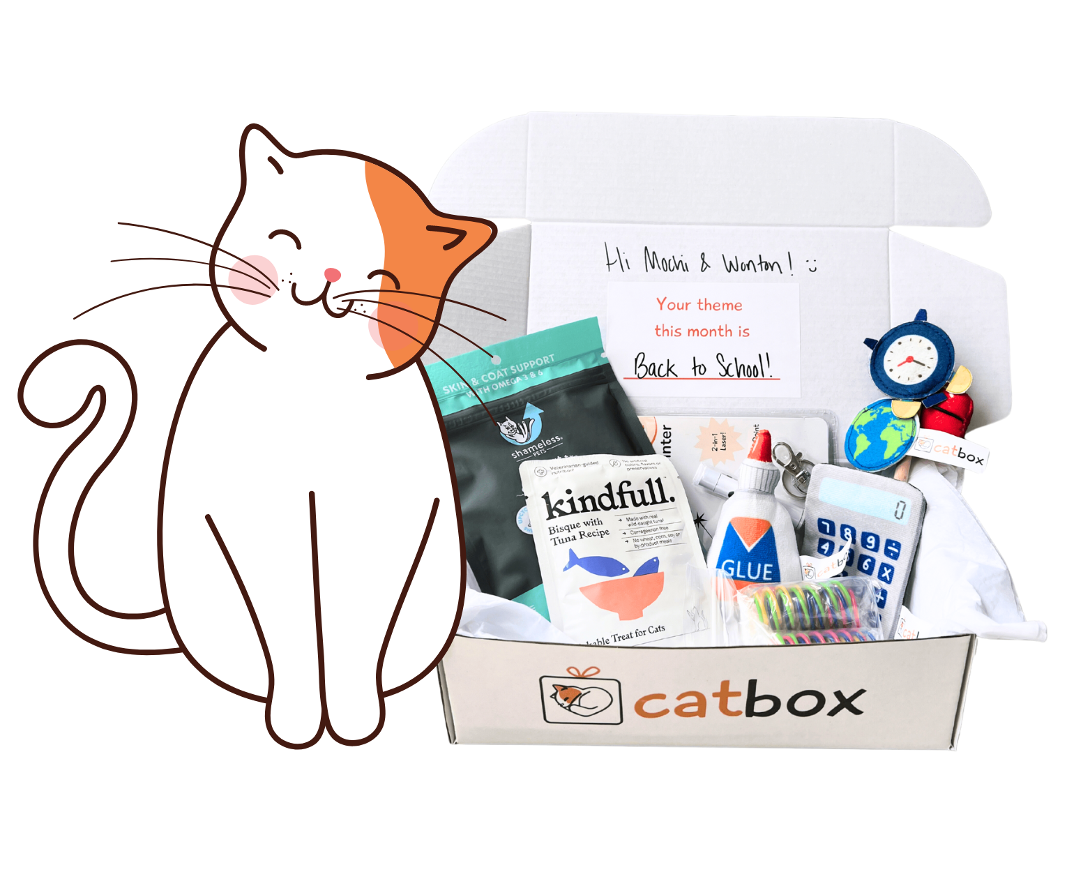 Cat-themed subscription box with school supplies and snacks labeled 'Back to School' theme.