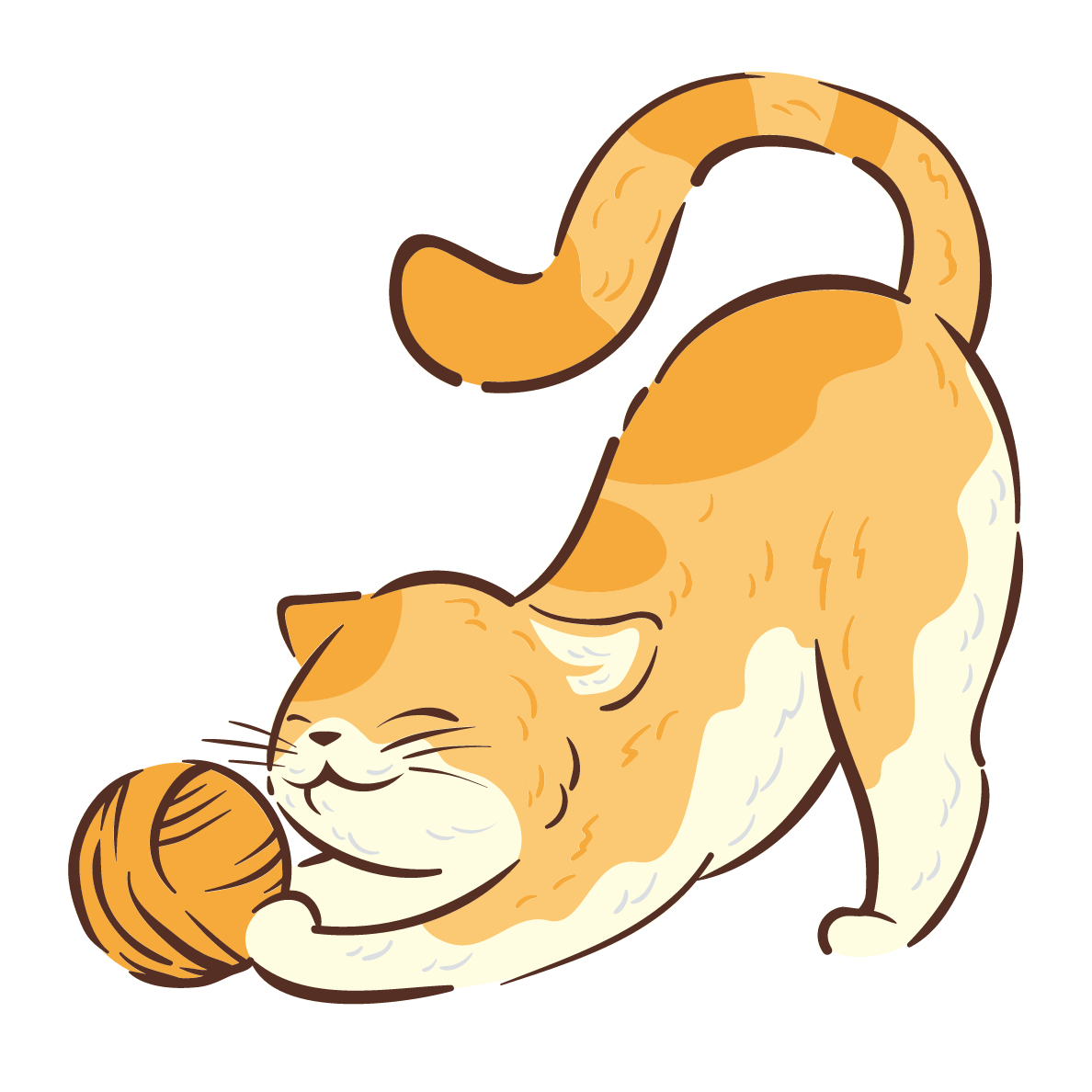 Illustration of a happy orange cat playing with a ball of yarn.