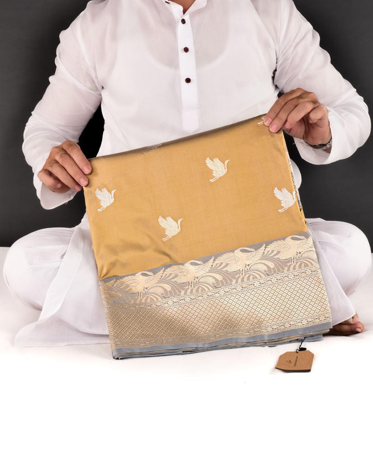 Beige Banarasi Flying Swans Gold Zari Kadhuan Brocade Handwoven Katan Silk Saree