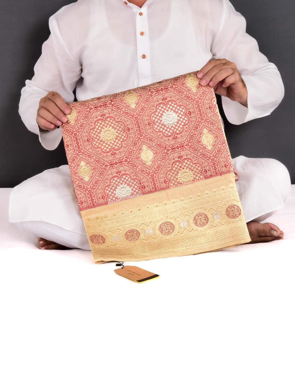 Beige Banarasi Red Resham, Gold & Silver Zari "Nakashi" Tanchoi Brocade Handwoven Katan Silk Saree