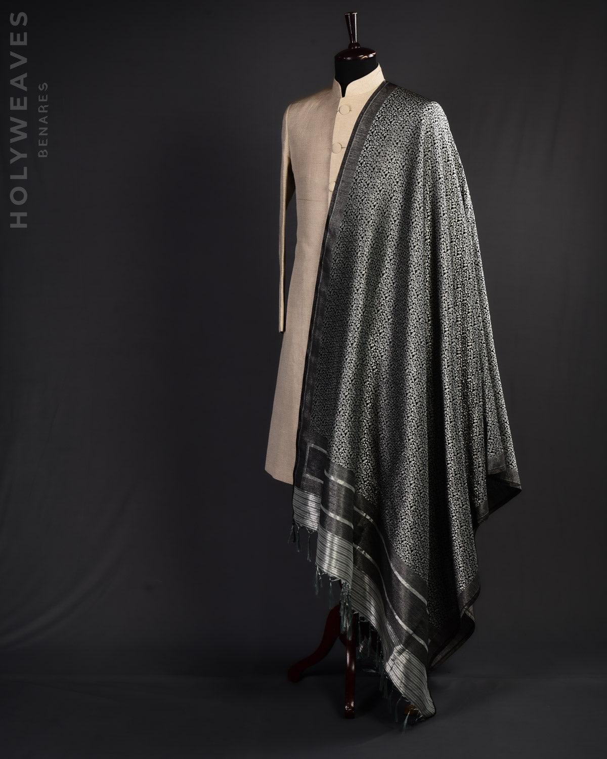 Black & Silver Banarasi Silver Zari Geometrical Jaal Brocade Handwoven Silk-Wool Dupatta Shawl