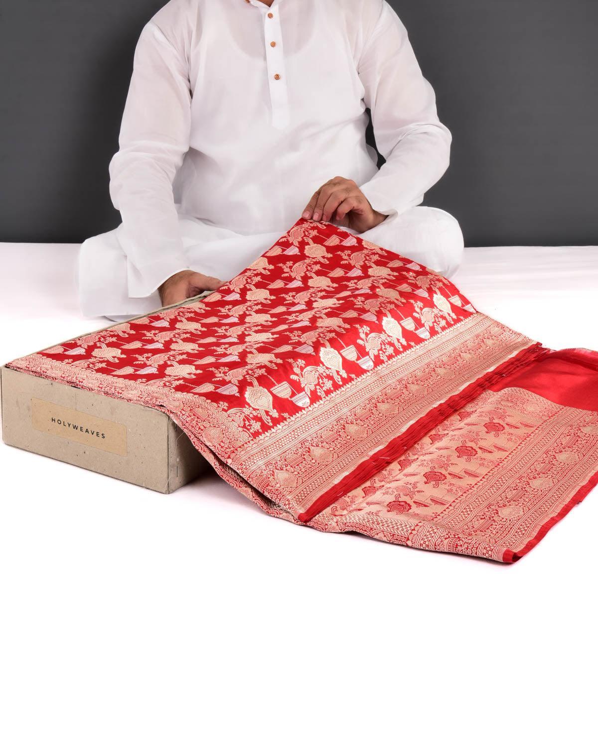 Bridal Red Banarasi Gold Zari Jaal Cutwork Brocade Handwoven Katan Silk Saree