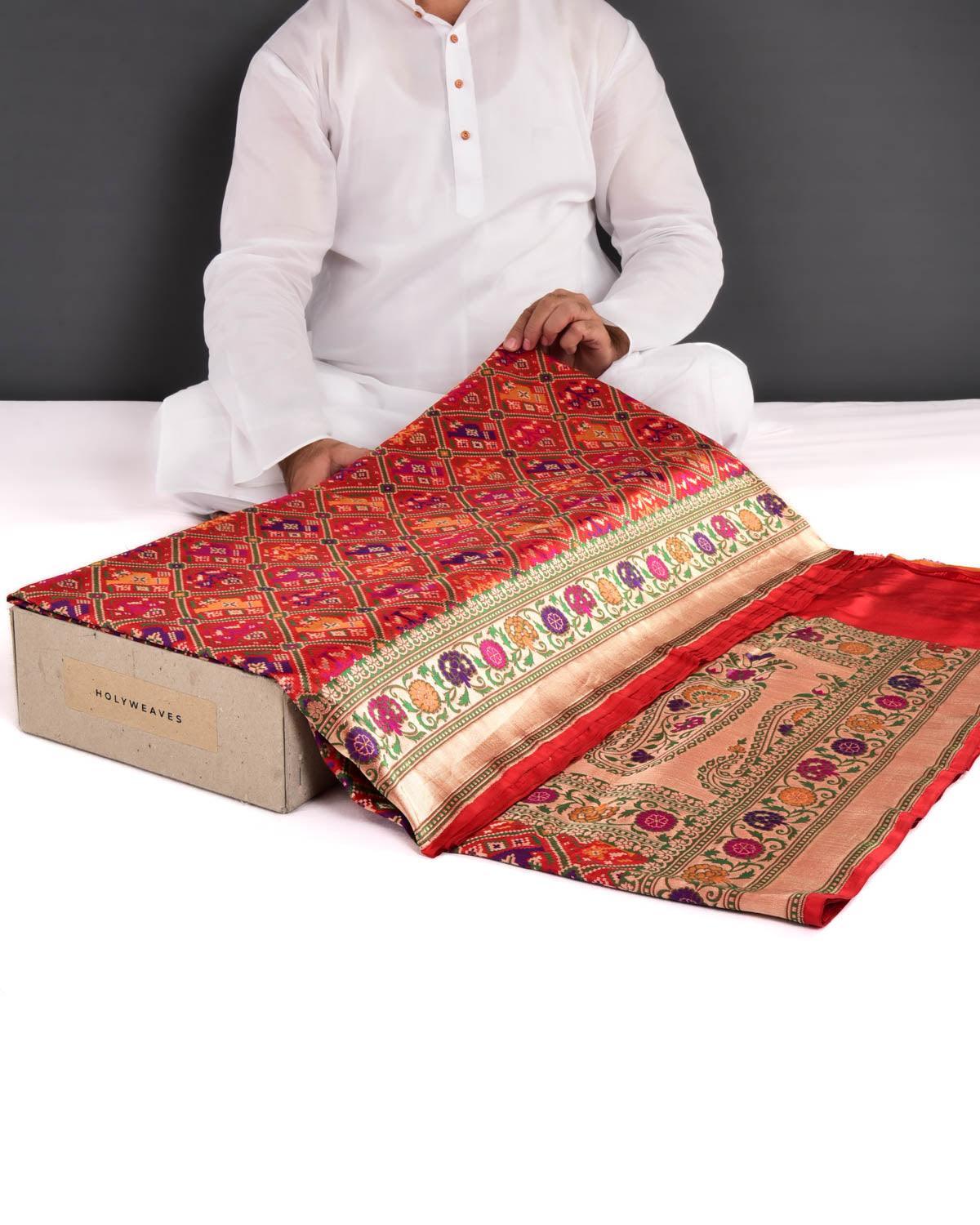 Bridal Red Banarasi Tehra Patola Cutwork Brocade Handwoven Katan Silk Saree