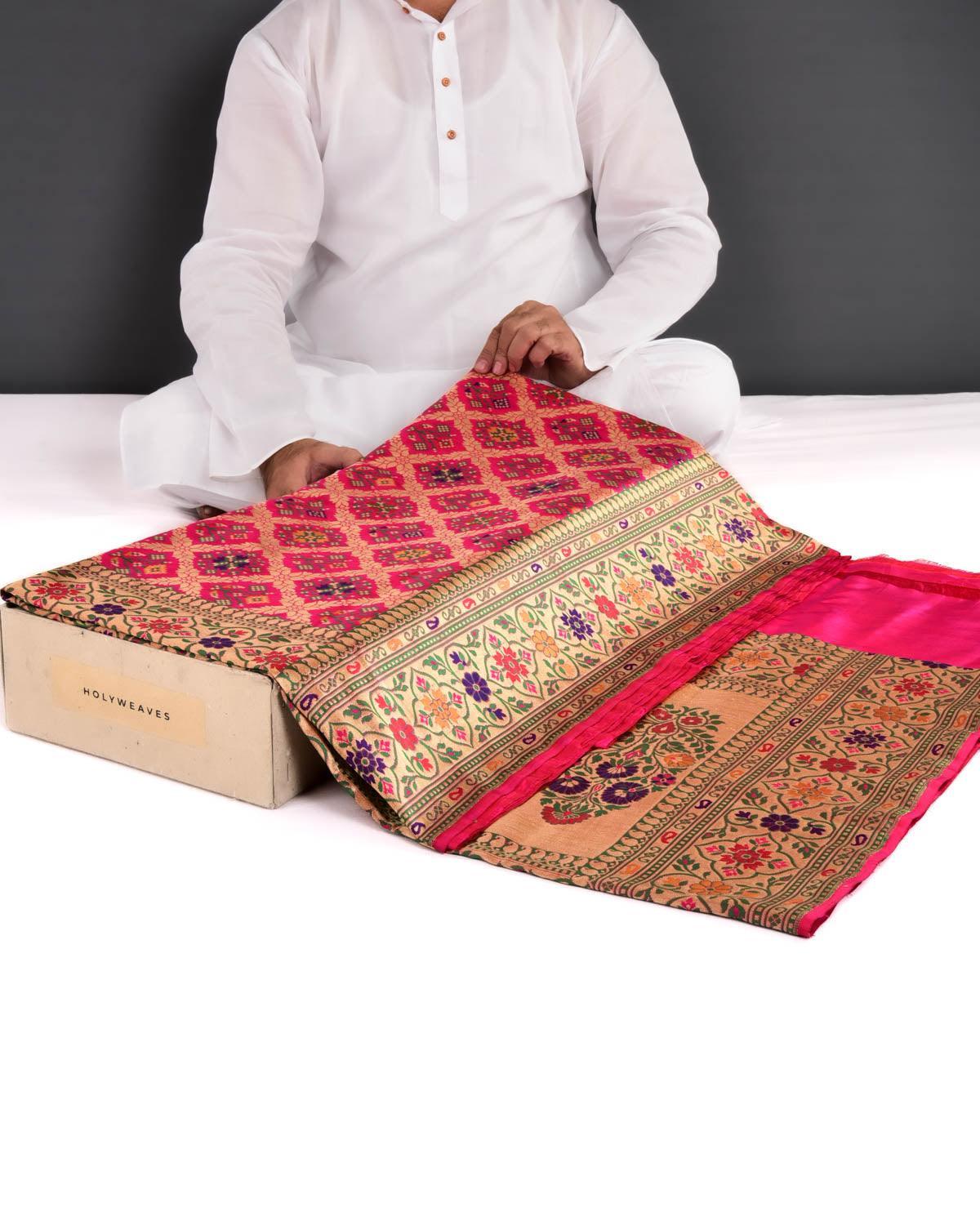 Bridal Red-Pink Banarasi Tehra Patola Cutwork Brocade Handwoven Katan Silk Saree