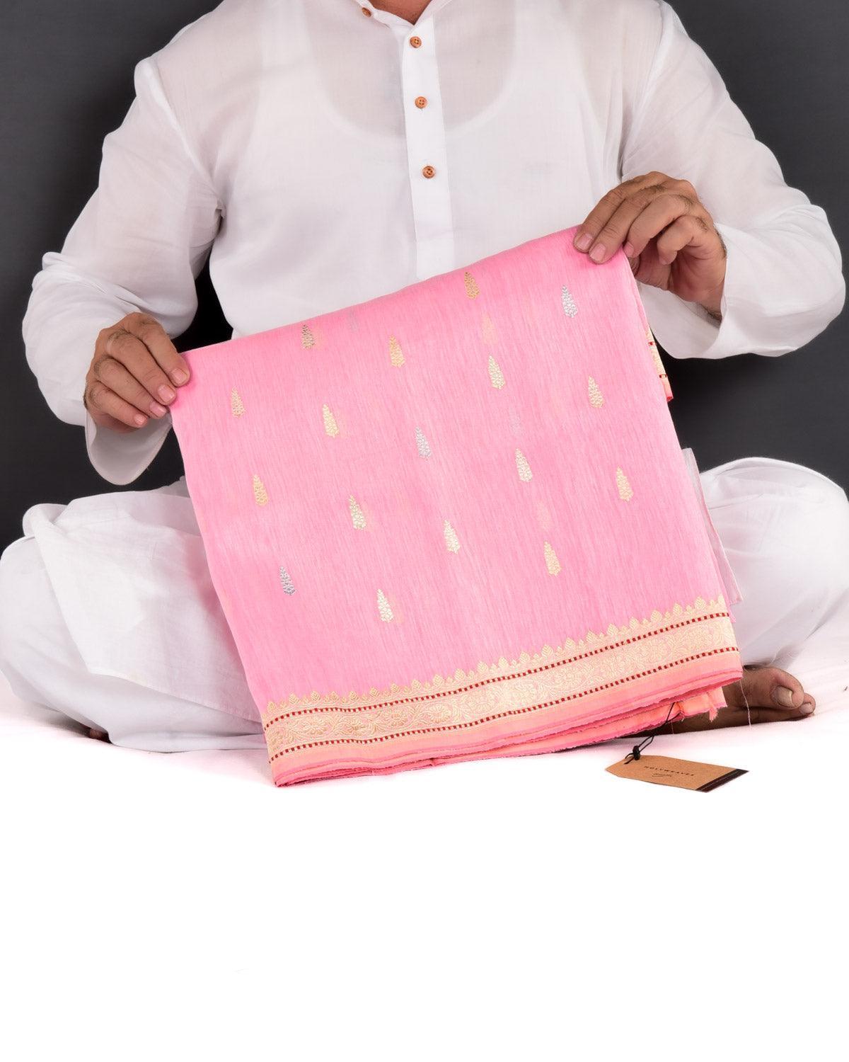 Cherry Blossom Pink Banarasi Colored Zari Buti Kadhuan Brocade Handwoven Linen Silk Saree