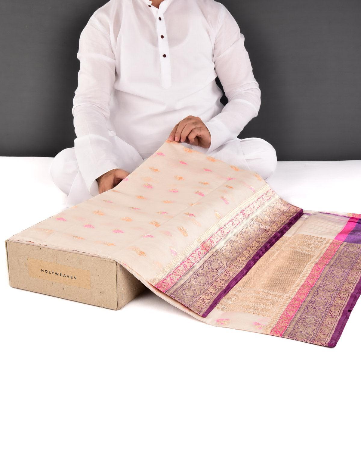 Cream Banarasi Alfi Gold Zari & Resham Buti Cutwork Brocade Handwoven Kora Silk Saree