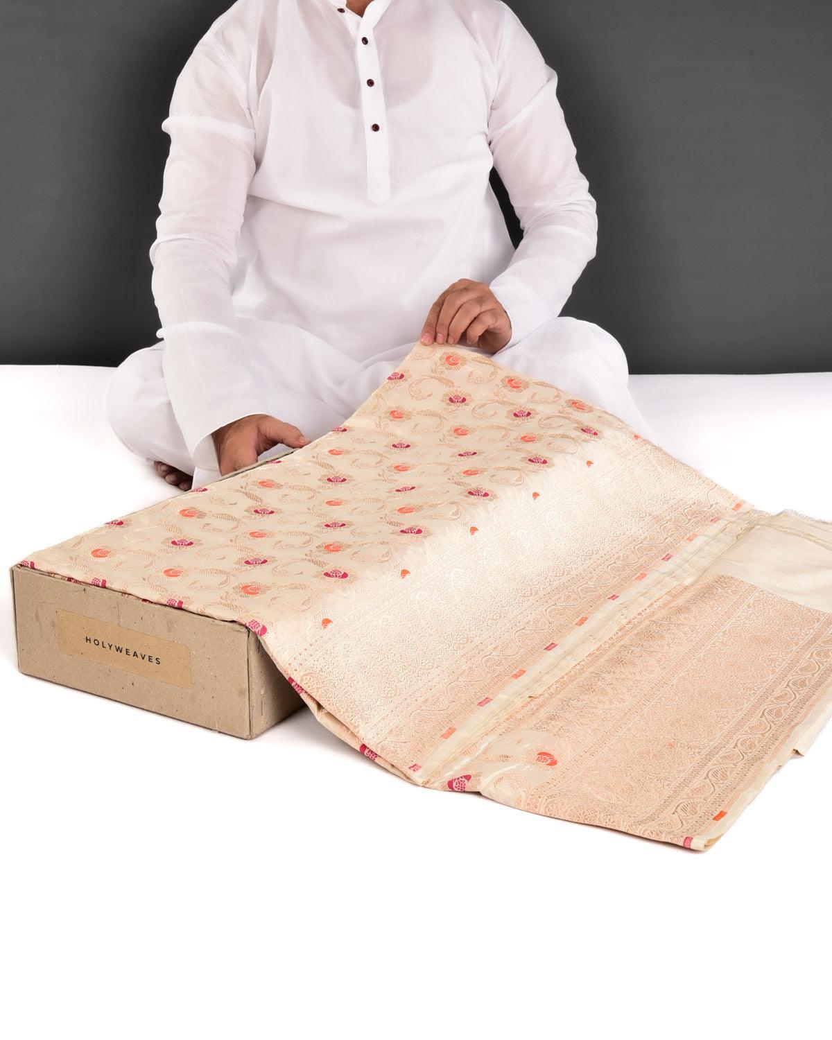 Cream Banarasi Alfi Gold Zari and Resham Jaal Cutwork Brocade Handwoven Katan Silk Saree