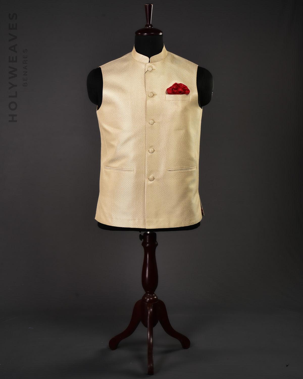 Cream Banarasi Resham Brocade Handwoven Noile Silk Mens Modi Jacket