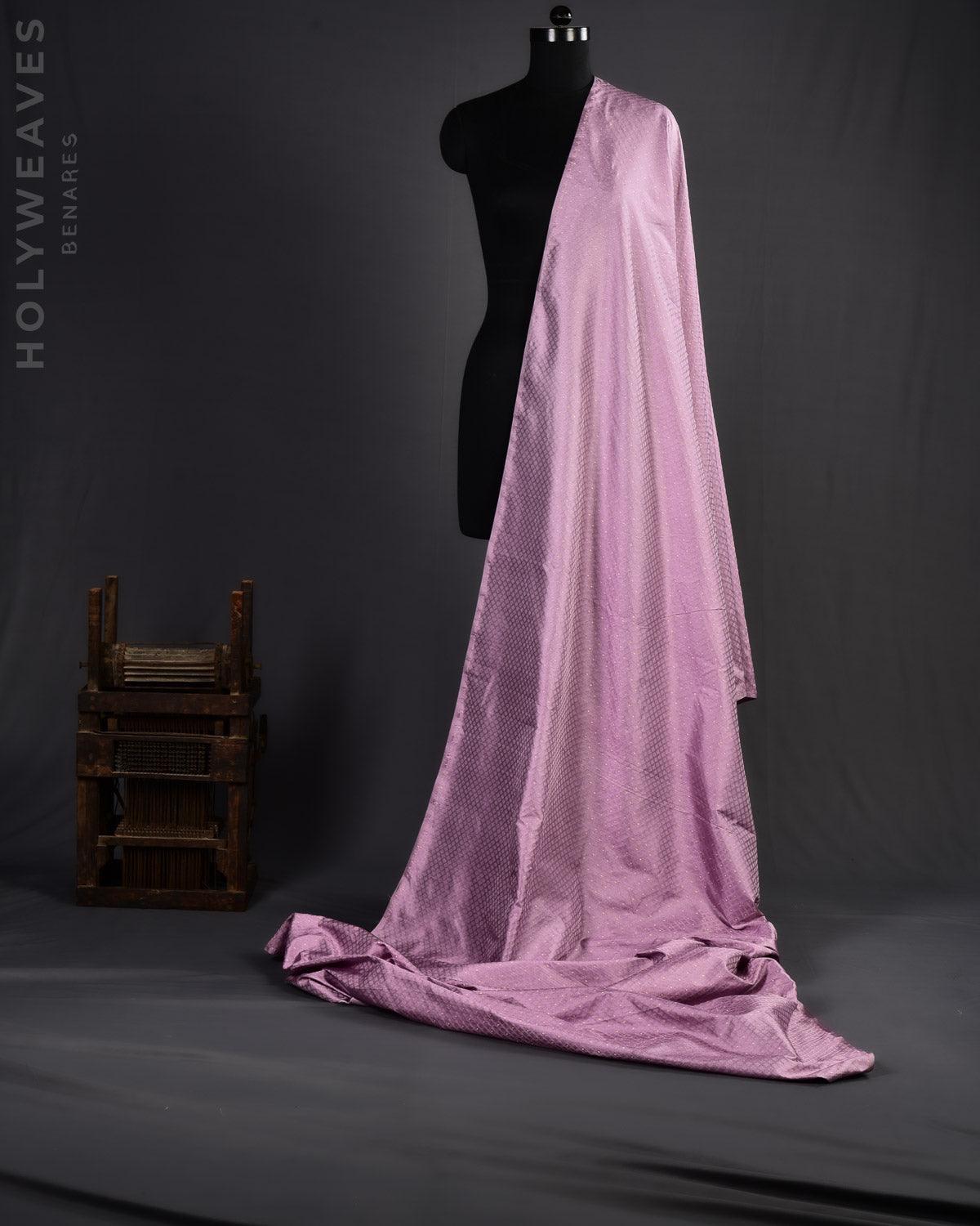 English Lavender Banarasi Geometrical Jaal Tanchoi Handwoven Katan Silk Fabric with Sona Zari Accents