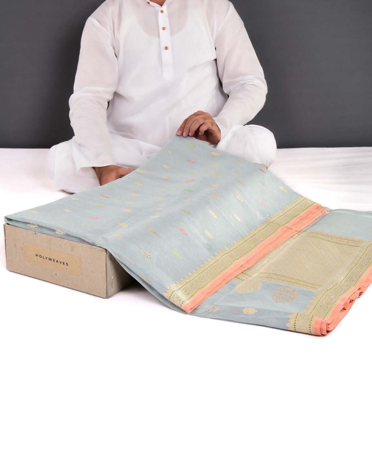 Gray Banarasi Colored Zari Buti Kadhuan Brocade Handwoven Linen Silk Saree