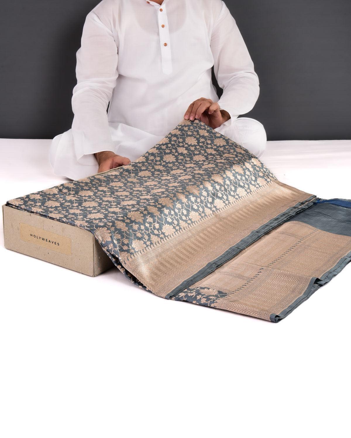 Gray Banarasi Maheen Jaal Gold Zari Cutwork Brocade Handwoven Katan Silk Saree